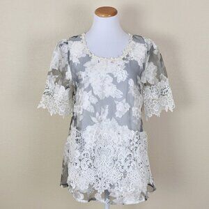 Pretty Angel Silk Floral Crochet Overlay Tunic Top NEW - S